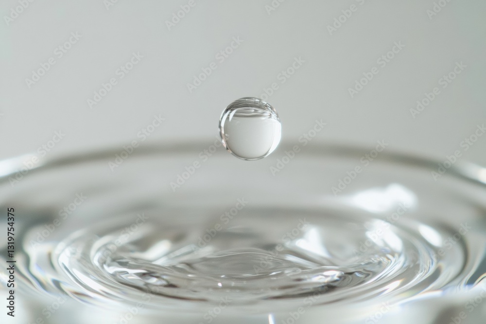 Poster close up view of a clear water drop forming from a water filter under bright natural light