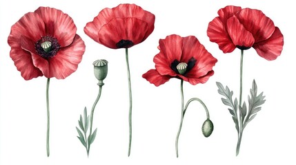 Fototapeta premium A collection of poppy flowers in different growth stages.