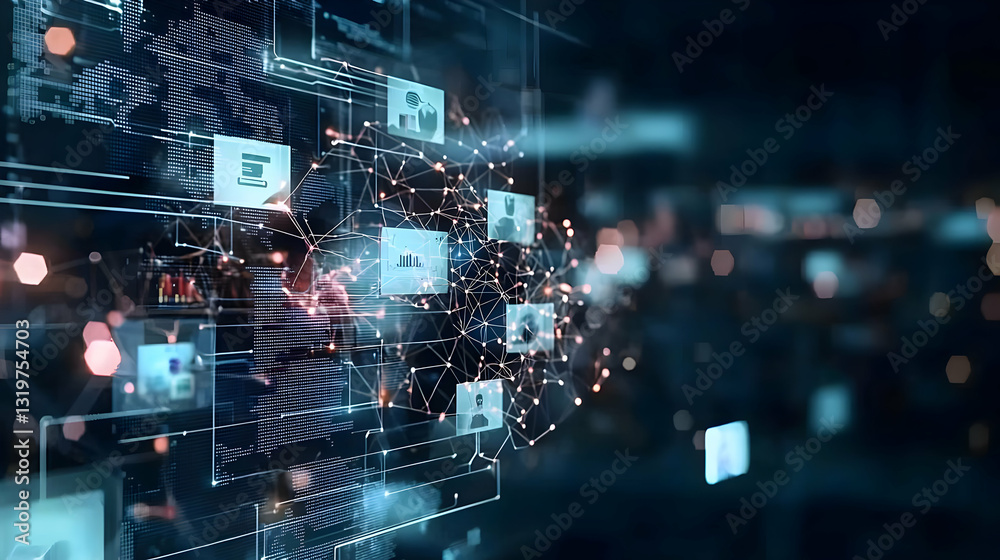 Poster abstract futuristic blue data stream network connection visualization with glowing digital informati