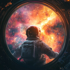 A man in a space suit is looking out of a window of a spaceship. The image is a colorful and vibrant depiction of space, with the man's suit and the spaceship's window being the main focus
