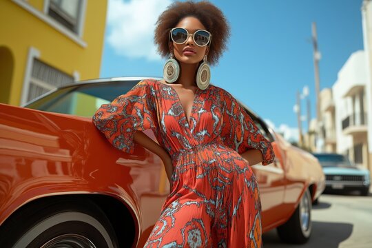 Fototapeta Stylish model posing by vintage car in bold 70s retro fashion