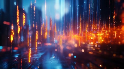 Creative glowing big data forex candlestick chart on blurry city background. Trade, technology, investment and analysis concept. Double exposure