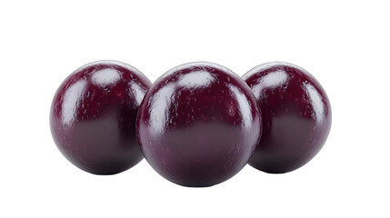 Three fresh purple plums with a smooth and glossy texture, isolated on a white background, ripe and juicy fruit, healthy organic food, rich in vitamins and antioxidants, perfect for snacks, desserts, 