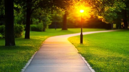 Obraz premium Serene park pathway illuminated by sunset, surrounded by lush greenery and trees