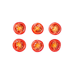 Whole and cut tomatoes are showcased with a clean and transparent backdrop, emphasizing their vibrant colors and textures.