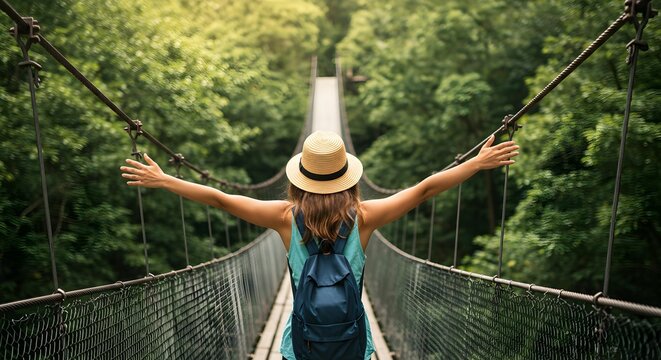 Adventurous woman exploring a suspension bridge amidst lush green scenery
