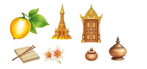 Golden Pagoda Temple Door Fruit Flowers Asian Culture Illustration