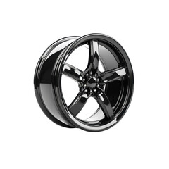 Obraz premium This polished black car wheel features a stylish design with multiple spokes, highlighting its sleek appearance against a clean background.