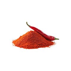 A rich mound of red chili powder showcases its fiery hue next to a whole hot pepper, emphasizing the spice's vibrant color and heat.