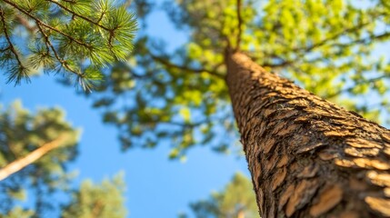 Fototapeta premium A towering pine tree stretches towards a clear blue sky, surrounded by lush green foliage