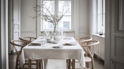 White and beige Scandinavian dining setup with modern chairs, wooden flooring, and soft linen tablecloth.