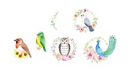 Watercolor Birds Floral Wreaths Pretty Owl Peacock Dove and More
