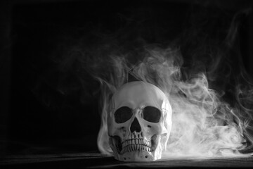Human skull on a black background in smoke.