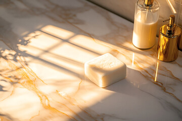 Close-Up of Marble Bathroom Floor with White Soap and Sleek Milk Bottle in Golden Luxury Setting