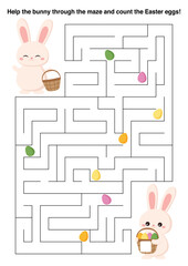 Cute Easter bunny maze puzzle game for kids. Help the rabbit find the way through the labyrinth and count the Easter eggs along the path. Vector illustration for children.