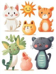 A collection of cute cartoon animals, including a cat, a sun, and a heart