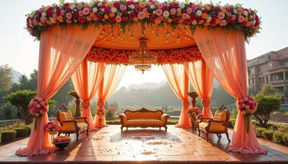 outdoor indian ornate mandap ceremonial setting - Indian decor with flowers and transparent curtains