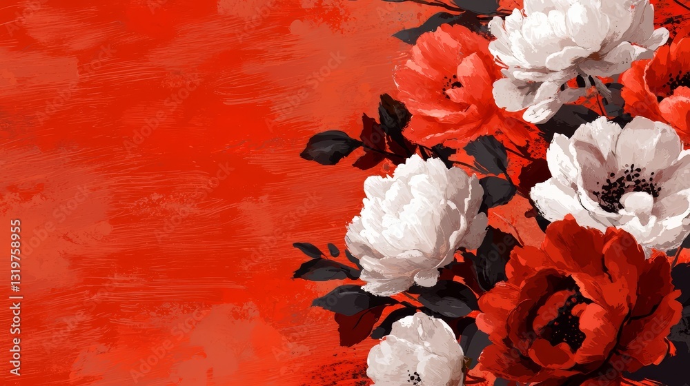 Aufkleber red and white flower arrangement with black stems. the flowers are arranged in a way that they are a