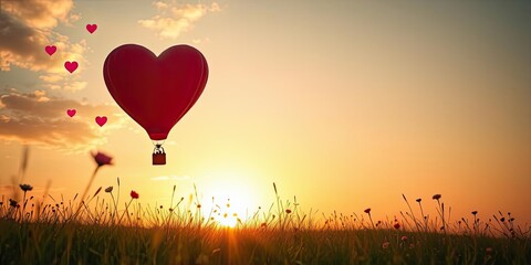 Fototapeta premium Heart Shaped Hot Air Balloon Sunset Romance Love