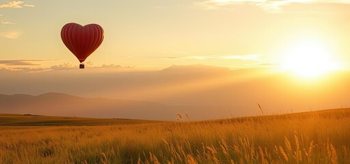 Fototapeta premium Heart Shaped Hot Air Balloon Sunset Landscape