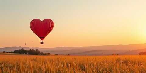 Fototapeta premium Romantic Heart Shaped Hot Air Balloon Sunset over Golden Field