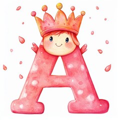 Cute watercolor illustration of letter A with charming crown