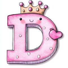 Cute watercolor illustration of letter D with a crown
