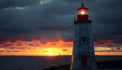 Lighthouse Sunset Coastal Stormy Seascape.