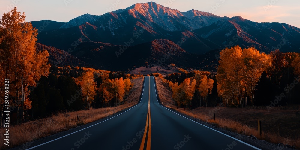 Poster road with a mountain in the background. the road is empty and the trees are orange. the road is a lo