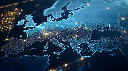 Illuminated 3D Europe Map With Grid Lines and Glowing Blue Data Points on Dark Background Representing Network Connections