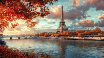 Seine in Paris with Eiffel tower in autumn time
