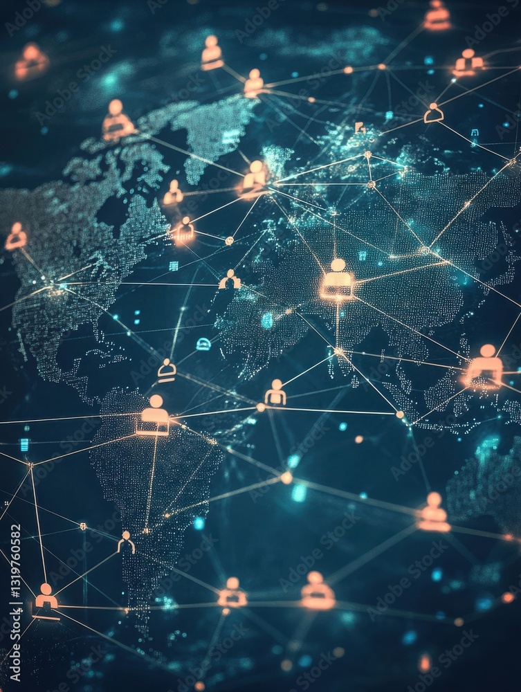 Poster global network connection concept. abstract image showing people icons linked across a world map, re