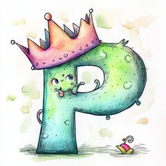Cute watercolor illustration of letter P with a crown