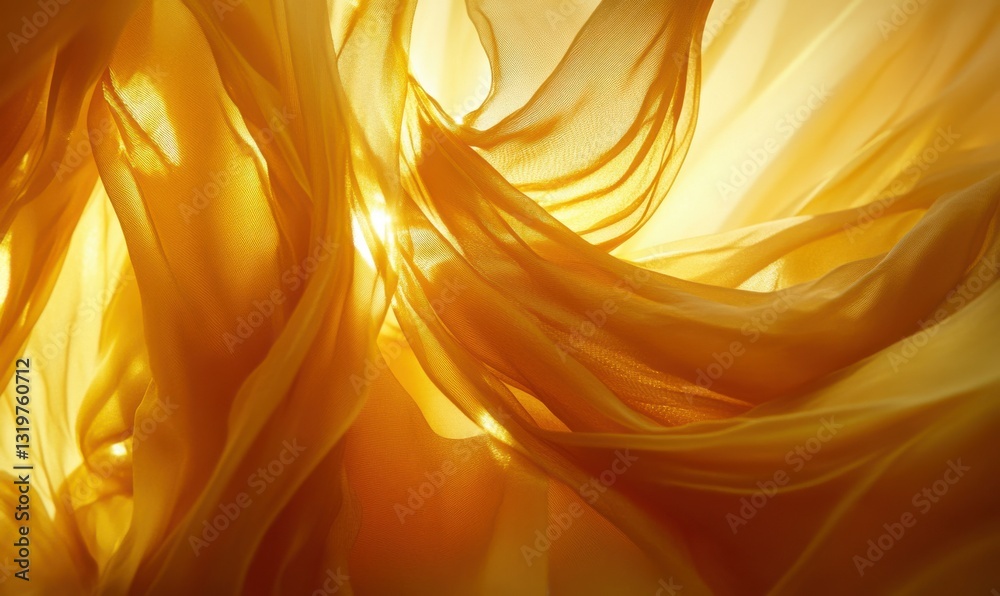 Wall mural dynamic close-up of flowing golden fabric illuminated by gradient light creating a luxurious and vib