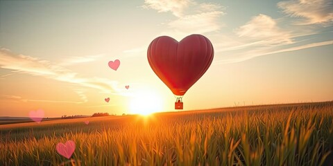 Fototapeta premium Heart Shaped Hot Air Balloon Sunset Field Romance