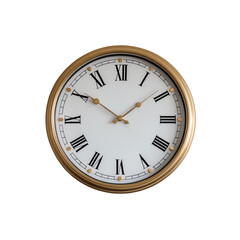 Roman numeral wall clock with gold accents isolated on transparent background.
