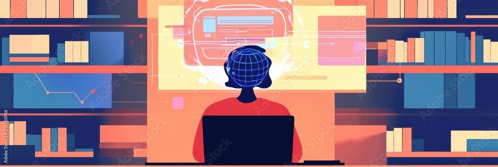 Aufkleber Student engages with AI driven virtual learning environment during online study session in cozy library space