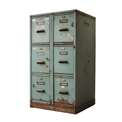 Retro Filing Cabinet with Rust and Faded Paint, Isolated on Transparent Background.