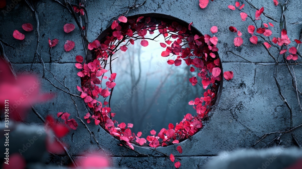 Poster Round hole in a wall with red leaves surrounding it. The leaves are in various sizes and are scattered around the hole. The image has a serene and peaceful mood