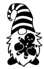 Silhouette of a Scandinavian Gnome-Elf with a Striped Hat Holding a Smiling Gingerbread Man with Buttons.  New Year