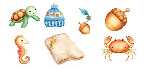 Naklejka premium Adorable Watercolor Animals Autumn Elements Cute Sea Creatures Winter Hat Acrons Blanket
