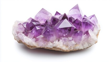 Fototapeta premium Natural Amethyst Crystal Cluster with Sharp Purple Points on White Background – Raw Quartz Mineral for Healing and Decoration