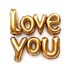 3D golden balloon letters spelling "Love You" isolated on white background