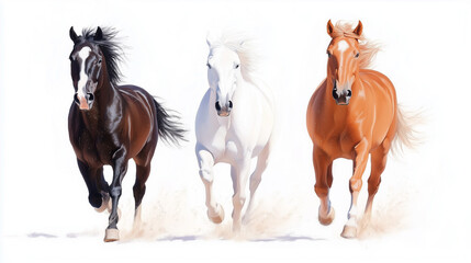 Fototapeta premium Three galloping horses on white background
