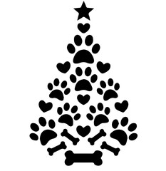 New Year’s Eve Tree Silhouette Made of Black Paw Prints, Hearts, and Bones, Topped with a Star, Symbolizing Love for Animals, Zoos, and Veterinary Care