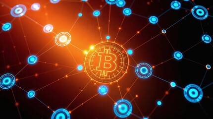 Futuristic Bitcoin blockchain network with glowing digital connections and cryptocurrency technology concept