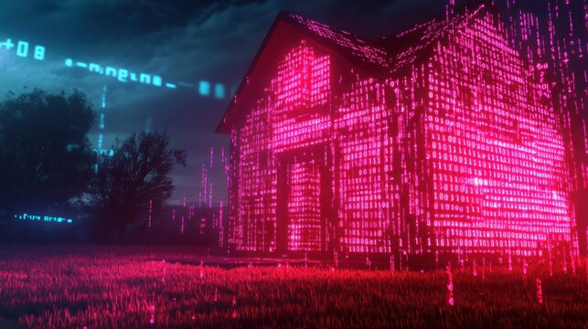 Abstract glowing binary code house backdrop. Smart house concept. 3D Rendering.