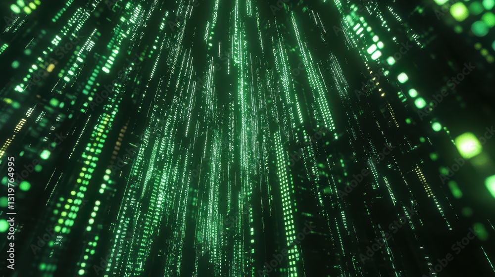 Poster trading and growth concept with bright green graphs going up at abstract binary code background. 3d 