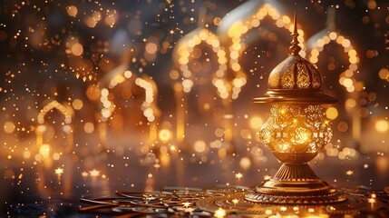 Beautiful Eid holiday cover with a 3D golden Islamic lamp intricate mosque arches and soft glowing stars evoking warmth and spirituality