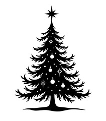  Silhouette of Christmas tree with ornaments, star topper, and festive holiday decorations.